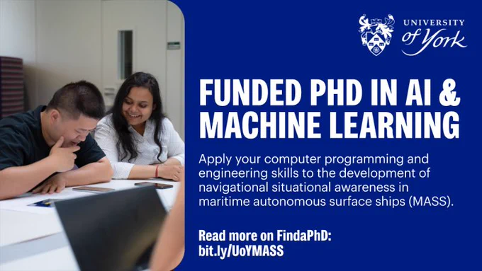 Graphic showing two students smiling and working on a project together. Text in graphic says funded PhD in AI and machine learning. Apply your computing programming and engineering skills to the development of navigational situational awareness in maritime autonomous surface ships (MASS).