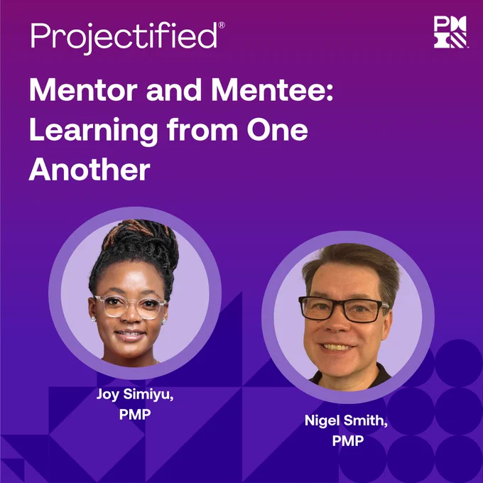 The image features Joy Simiyu and Nigel Smith, labeled as mentor and mentee respectively, under the Projectified® logo, discussing professional development in a learning context, with each displayed in separate circular frames against a purple background.