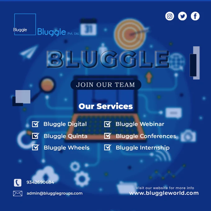"Unlock your potential with Bluggle! 💻🚀 We offer a range of services to help you grow: Digital solutions, Webinars, Quinta, Conferences, Wheels, and Internships! 🤝 Join our community and take your career to the next level! #BluggleServices #GrowWithBluggle #DigitalSolutions #WebinarExperts #QuintaInnovation #ConferenceMastery #WheelsInMotion #InternshipOpportunities #BluggleServices #GrowWithBluggle #DigitalSolutions #WebinarExperts #QuintaInnovation #ConferenceMastery
#WheelsInMotion
 #InternshipOpportunities