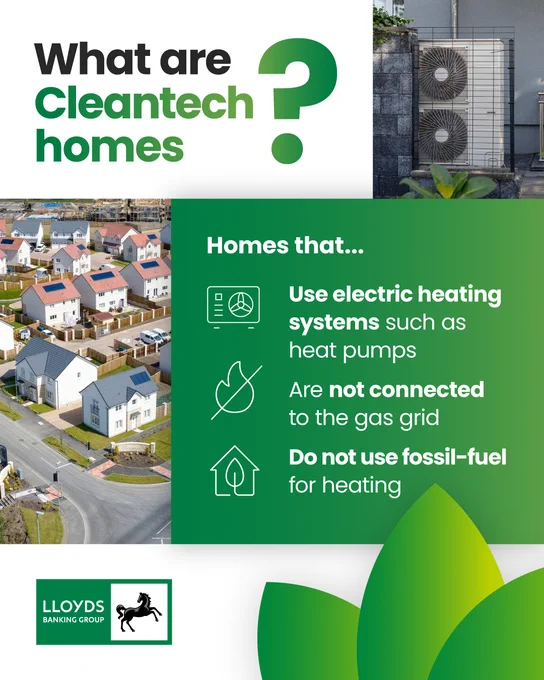What are Cleantech homes?

Homes that...
Use electric heating systems such as heat pumps.
Are not connected to the gas grid.
Do not use fossil-fuel for heating.
