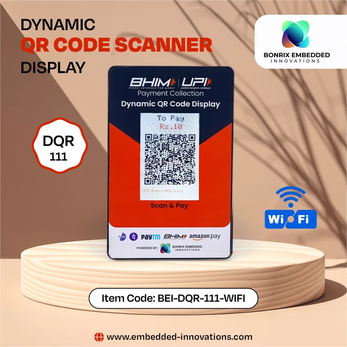1. Bonrix Dynamic QR Code Scanner Display (DQR-111) WiFi Model
The DQR-111 WiFi Model is a cutting-edge visual display unit designed for showcasing dynamic QR codes wirelessly. Whether you’re in retail, hospitality, or any business that requires seamless payment collection, this device is your ideal companion.

Key Features:
Dynamic QR Code Display:
Effortlessly shows QR codes with precise amounts for each transaction.
Programmable with any software language.
Item Code: BEI-DQR-111-WIFI.
Use Case: BHIM UPI Payment Collection at Retail Store Billing Counters
Imagine a customer making a purchase at a retail store. The cashier generates a dynamic QR code for the specific transaction amount. The DQR-111 WiFi Model instantly displays this QR code for the customer to scan using their UPI-enabled mobile app. The payment process becomes seamless, efficient, and secure.

Hashtags:
#DynamicQRDisplay
#RetailTech
#PaymentCollection
#BHIMUPI