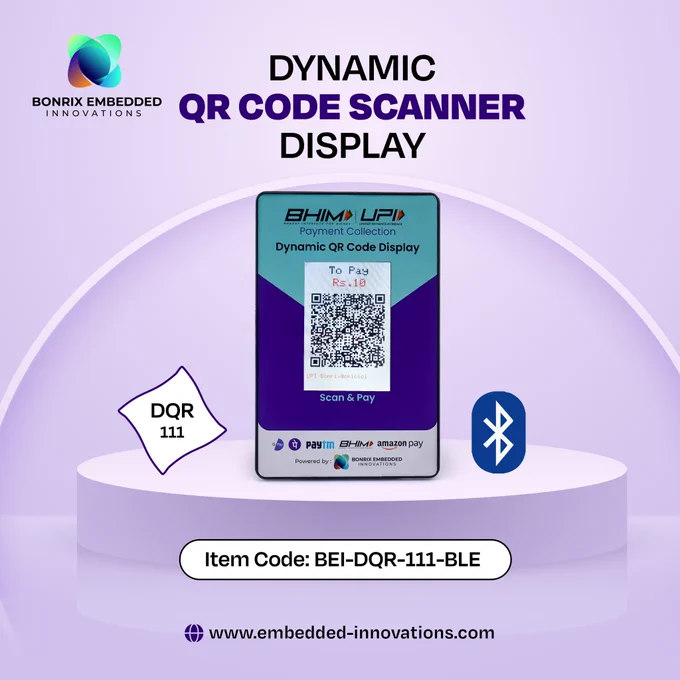 2. Bonrix Dynamic QR Code Scanner Display (DQR-111) Bluetooth Model
The DQR-111 Bluetooth Model is another powerful visual display unit designed for showcasing dynamic QR codes. Let’s explore its features:

Key Features:
Dynamic QR Code Display:
Displays QR codes with precise amounts for each transaction.
Programmable with any software language.
Item Code: BEI-DQR-111-BLE.
Use Case: BHIM UPI Payment Collection at Retail Store Billing Counters
Similar to the WiFi model, the DQR-111 Bluetooth Model streamlines payment collection at retail billing counters. Customers scan the displayed QR code using their UPI-enabled mobile apps, ensuring quick and secure transactions.

Hashtags:
#DynamicQRDisplay
#BluetoothTechnology
#RetailPayments
#BHIMUPI