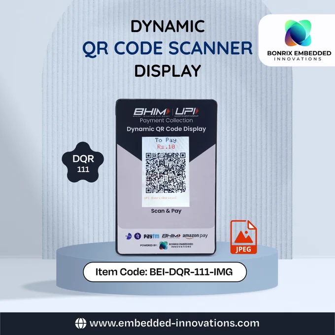 4. Bonrix Dynamic QR Code Scanner Display (DQR-111) Image (JPEG) Display Model
The DQR-111 Image Display Model is designed for showcasing dynamic QR codes alongside images. Let’s explore its features:

Key Features:
Dynamic QR Code Display:
Displays QR codes alongside images (JPEG format).
Programmable with any software language.
Item Code: BEI-DQR-111-IMG.
Use Case: BHIM UPI Payment Collection at Retail Store Billing Counters
Imagine a retail store displaying a QR code alongside promotional images. Customers scan the QR code to make BHIM UPI payments seamlessly.

Hashtags:
#DynamicQRDisplay
#ImageDisplay
#RetailPromotions
#BHIMUPI