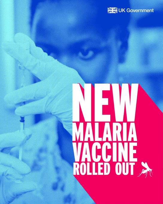 Text that reads ‘new malaria vaccine rolled out’ over an image of a medical worker holding a syringe.