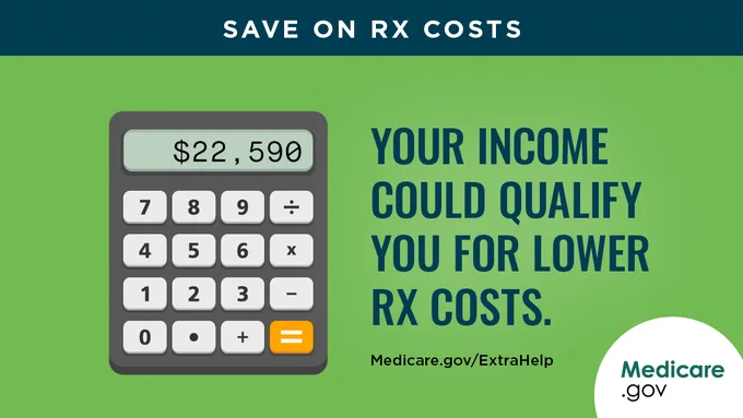 An illustration of a calculator displaying $22,590 against a green background. Overlay text: Save on Rx costs. Your income could qualify you for lower Rx costs. Medicare.gov/ExtraHelp