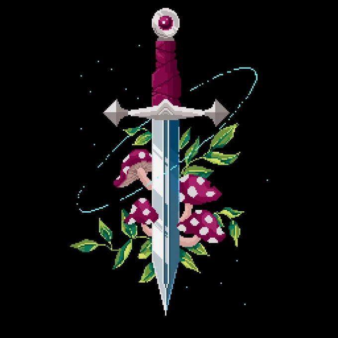pixel art illustration of a sword with mushrooms, leaves, and a light beam encircling it