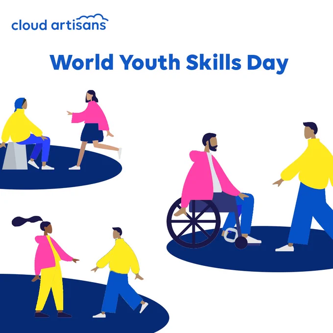 A white graphic with three diverse sets of young people (two young people per set) and the title "world youth skills day" at the top in the middle and a blue Cloud Artisans logo in the left hand corner. 