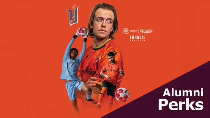 Orange backdrop with overlay of 3 soccer players and Forge FC, Tim Hortons & Canadian Premier League logos. 