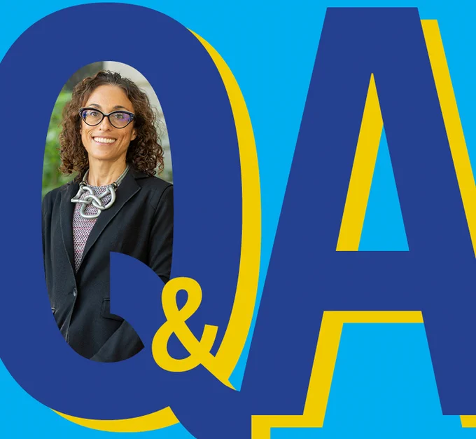“Q&A” in big block letters. A headshot of Professor Monica Hakimi is inside the letter “Q.”