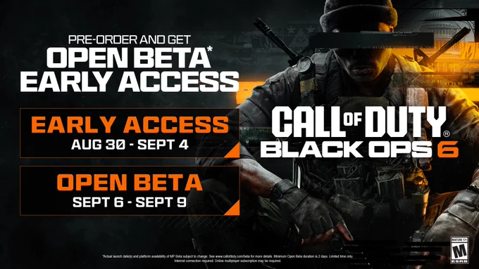 Call of Duty Black Ops 6 infographic with text that reads "Pre-order and get open beta early access" "Early access August 30 - September 4" "Open beta September 6 - September 9"
