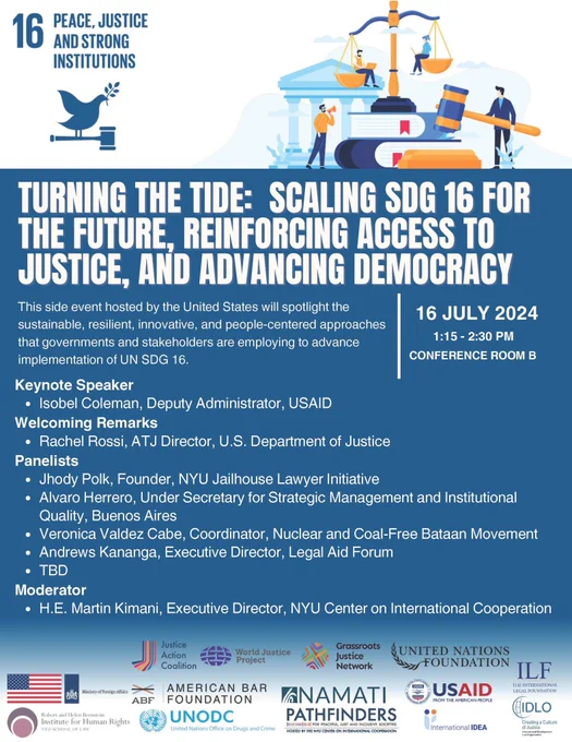 Flyer for "Turning the Tide: Scaling SDG 16 for the Future, Reinforcing Access to Justice, and Advancing Democracy."