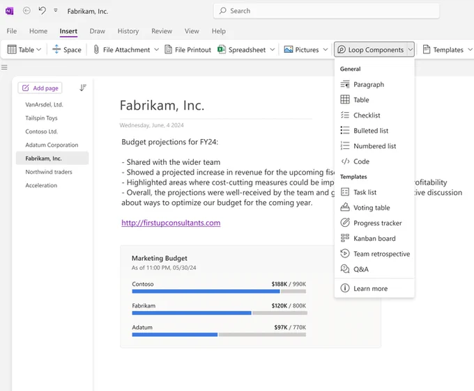 Image shows a dropdown menu of Loop components available on the OneNote for Windows app.