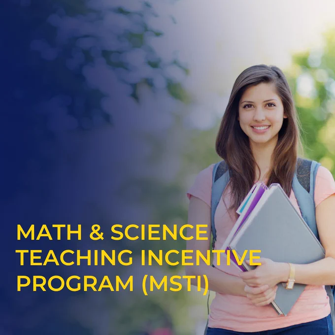 Image of college student with a backpack and holding books outside
Math & Science Teaching Incentive Program (MSTI)