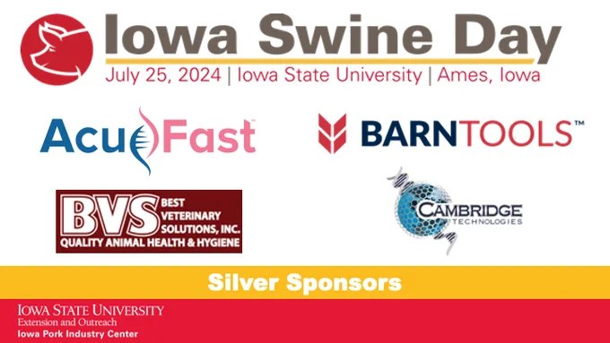 Iowa Swine Day 2024 graphic featuring AcuFast, BarnTools, Cambridge Technologies, and BVS as sponsors.