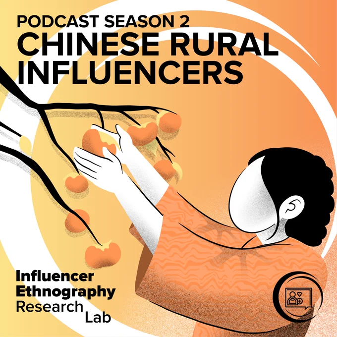 The cover image for the IERLab Podcast S2E6: Chinese Rural Influencers. There is an illustration that features a person picking fruit from a tree.