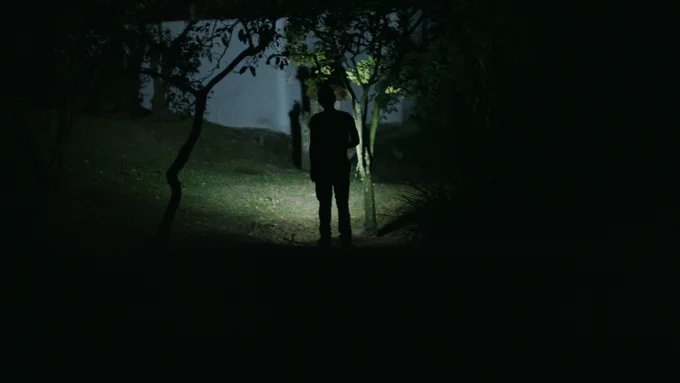 The Jungle Knows You Better Than You Do (2017), Juanita Onzaga.

The silhouette of a young man walking in the dark between the jungle and an old house, all he sees is the green in front lit by his flashlight.