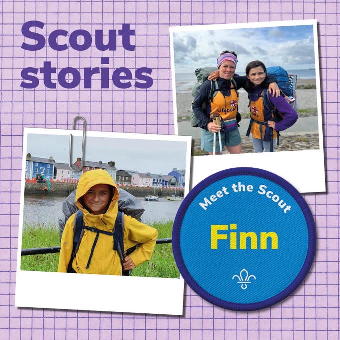 Scout stories. Collaged design with a photo of Scout, Finn, in a yellow rain jacket with a scenic river and buildings in the background. Top right photo shows Finn with his mum wearing purple bandanas and backpacks. Bottom right displays a blue woven badge with text "Meet the Scout Finn" and a Scout fleur-de-lis. 