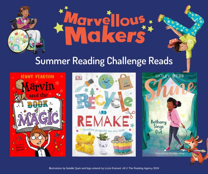 marvellous makers summer reading challenge books
Books featured are Marvin and the book of magic by Jenny Pearson, Recycle and remake creative projects for eco kids by DK and Shine: Bethany sings out by Holly Webb
