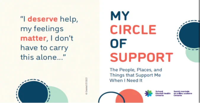 School Mental Health Ontario My Circle of Support graphic. Text reads: "I deserve help, my feelings matter, I don't have to carry this alone..." 