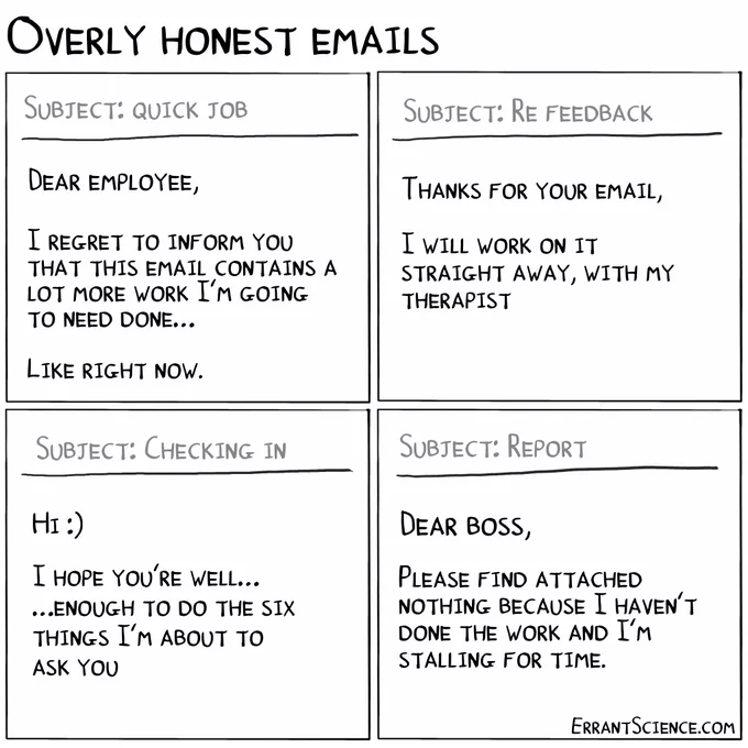 Four text emails each one a true version of the common thing people send all the time