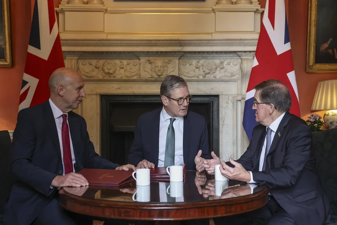 Prime Minister Keir Starmer meets Defence Secretary John Healey and Lord Robertson in Downing Street.