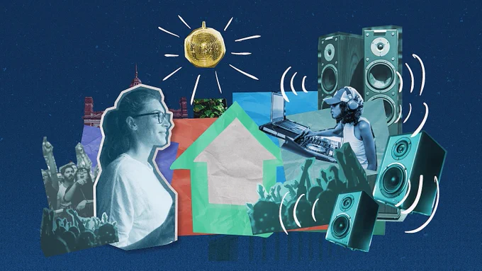 A composite image of a person, a DJ, a disco ball, a protest and a home.