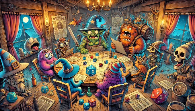 A group of fantastical creatures playing a tabletop role-play game  around a table.