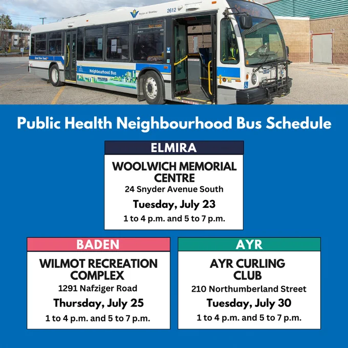 Photo of the neighbourhood bus. Text showing upcoming bus schedule in Elmira, Baden and Ayr. Go to the website for dates.