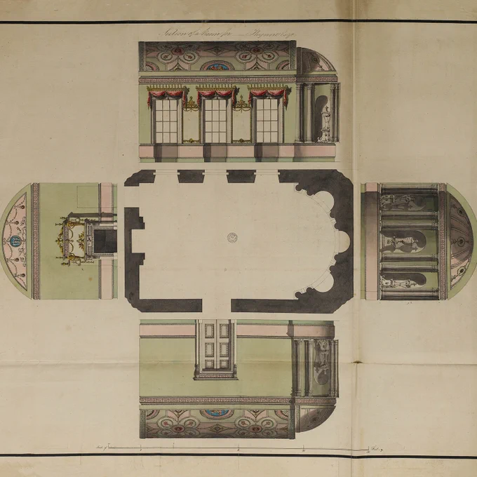An architectural drawing of four wall elevations of an elegant green ballroom, with the walls displayed as if they have been pushed out flat from the central floor plan of the room.