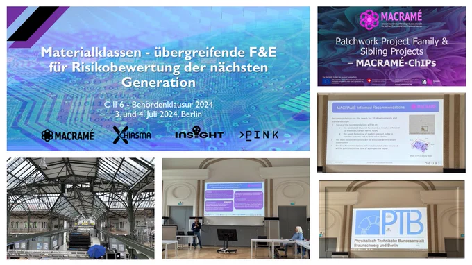 Composite picture showing the presnetations of Dr Steffi Friedrichs (AcumenIST SRL) and Dr Elisabeth Heunisch (BAuA), on the MACRAMÉ Project and the Malta-Initiative, as well as the new projects CHIASMA, INSIGHT, PINK.