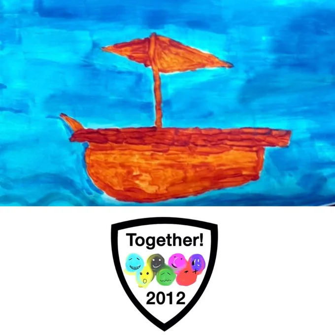 (Image description: Artwork by Pritesh Patel. See my boat. Poster paint. 2024. Displayed with the Together! 2012 CIC logo, a shield with seven brightly coloured cartoon faces.)