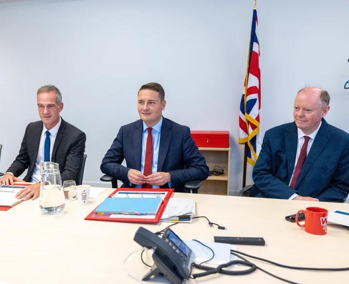 Health and Social Care Secretary Wes Streeting in a meeting with Secretary of State for Department for Science, Innovation and Technology, Peter Kyle and the Chief Medical Officer to discuss collaborative efforts in making Britain a powerhouse for life sciences and medical technology.