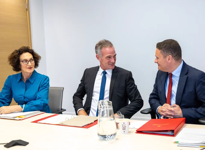 Health and Social Care Secretary Wes Streeting in a meeting with Secretary of State for Department for Science, Innovation and Technology, Peter Kyle and Baroness Merron to discuss collaborative efforts in making Britain a powerhouse for life sciences and medical technology.