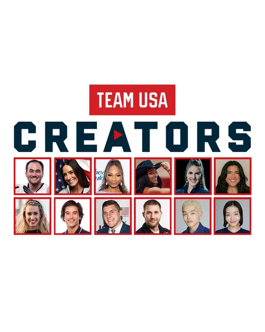 Graphic featuring headshots of Chuck Aoki, Dani Aravich, Ari Chambers, Tara Davis-Woodhall, Missy Franklin Johnson, Menecis Garriga, Katie Hoff, Heimana Reynolds, Brody Roybal, Mike Shultz, Alex Shibutani and Maia Shibutani with text "Team USA Creators"