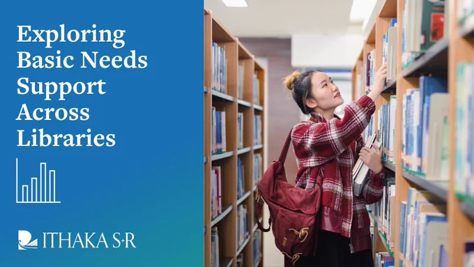 "Exploring Basic Needs Support Across Libraries." Includes photo of a woman browsing library shelves.