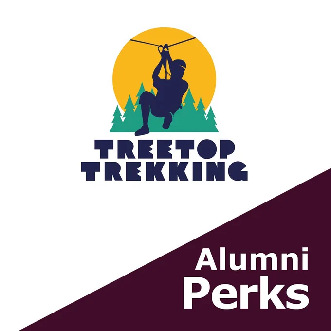 Treetop Trekking logo (illustration of trees and a person ziplining.) and text "Alumni Perks."