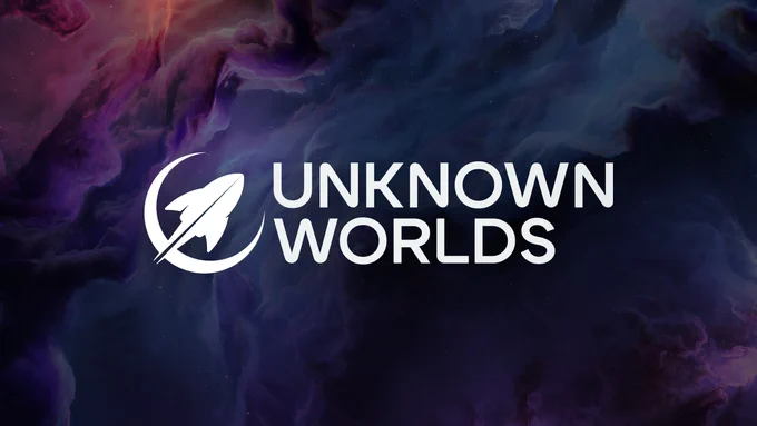 Rocketship logo with a crescent moon and Unknown Worlds text to the right, centered on a pink, blue, and purple space scene background.