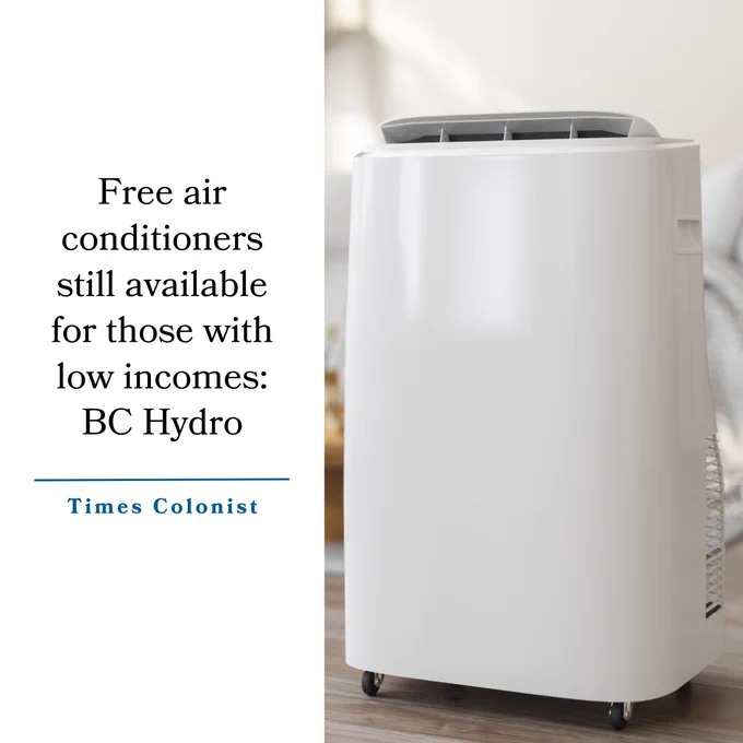 A portable air conditioner in an interior.

Text reads: Free air conditioners still available for those with low incomes: BC Hydro

- Times Colonist