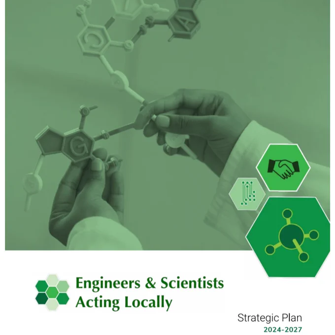 A graphic featuring the cover of ESAL's Strategic Plan for 2024-2027. Two hands hold plastic model molecules featuring the letters G, C and A. ESAL's logo is present in the bottom left corner. And, three small hexagon graphic are depicted on the right in varying shades of green. They feature circuitry, hands clasped together in a handshake and a molecule.