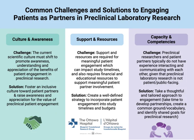A summary graphic of three common challenges and proposed solutions for engaging patients as partners in preclinical laboratory research. 