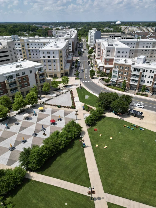Drone photo of Downtown Glassboro on a bright and sunny day.