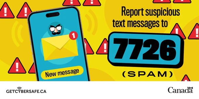 A smartphone with a new text message notification on the screen. Image text: Report suspicious messages to 7726 (SPAM)