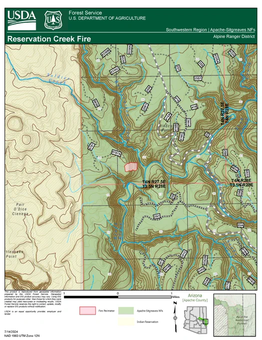 Apache-Sitgreaves National Forests
 
Forest Service News Release
Forest Public Affairs Specialist
Steve Johnson
https://www.fs.usda.gov/asnf

Reservation Creek Fire – July 16, 2024