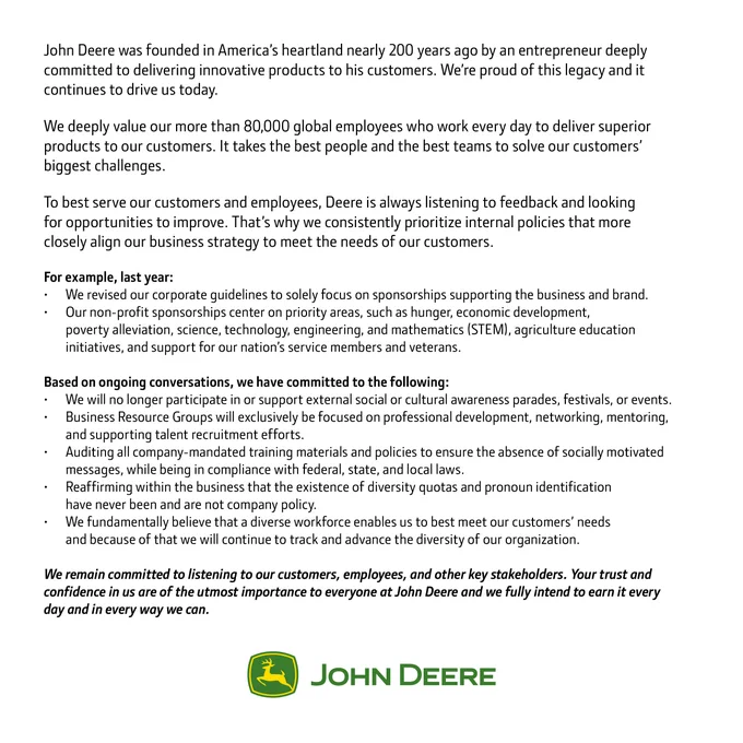 Image Text: "We remain committed to listening to our customers, employees, and other key stakeholders. Your trust and confidence in us are of the utmost importance to everyone at John Deere and we fully intend to earn it every day and in every way we can."