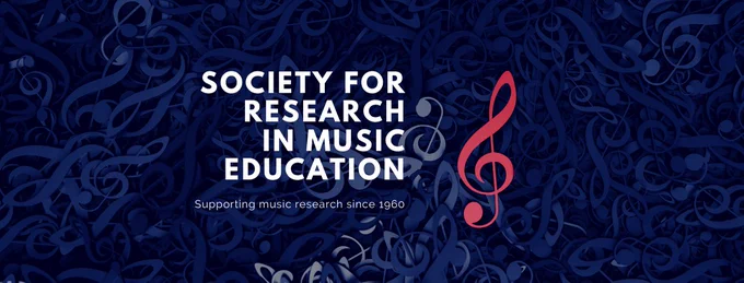 collage of blue music notes on black background. Society for Research in Music Education. Supporting music research since 1960. 