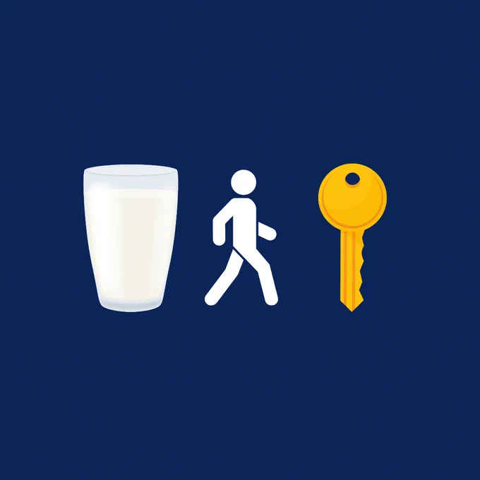 Illustration featuring three distinct icons on a blue background: a glass of milk, a walking pedestrian, and a yellow key.