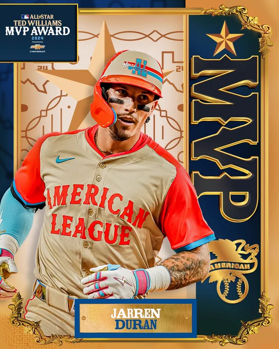 Ted Williams All-Star Game MVP Award presented by Chevrolet Graphic
Pictured: Jarren Duran rounds the bases after hitting a home run in the All-Star Game