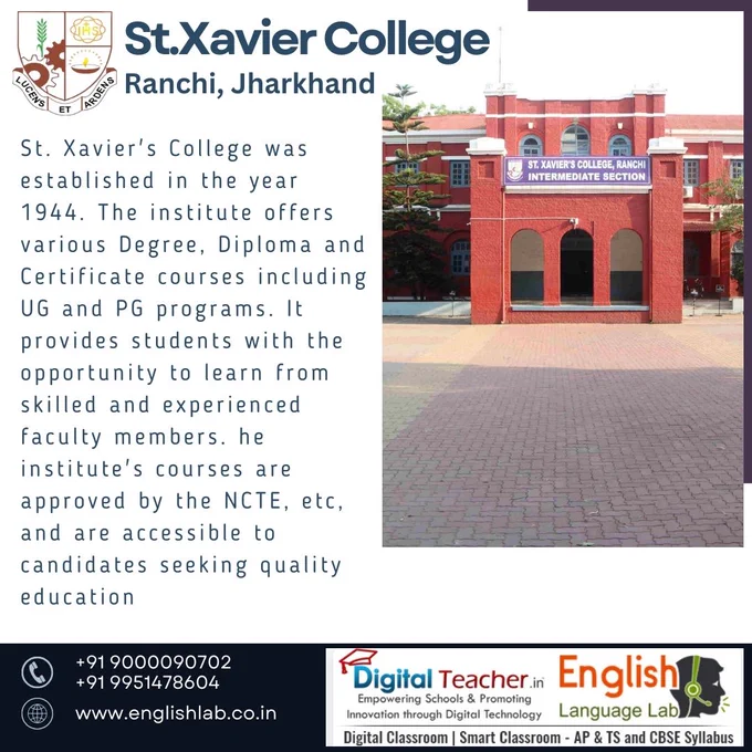 St.Xavier College - Ranchi, Jharkhand.
St. Xavier's College was established in the year 1944. The institute offers various Degree, Diploma and Certificate courses including UG and PG programs. It provides students with the opportunity to learn from skilled and experienced faculty members. he institute's courses are approved by the NCTE, etc, and are accessible to candidates seeking quality education.
English Language Lab software improves #languagelearning for school and college students. & advantages and features that make it a vital tool for boosting your spoken #languageskills. For more visit: www.englishlab.co.in👈
#DigitalClassroom #DigitalLanguageLab #SmartClassroom #englishlanguagelab