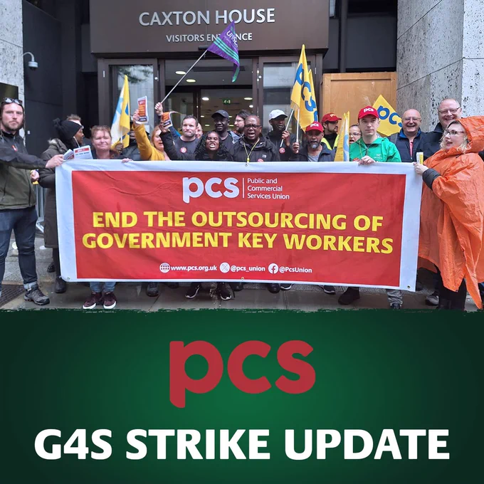 image of strikers outside Caxton house in London. They are standing behind a banner that says: PCS - End the outsourcing of government key workers 
