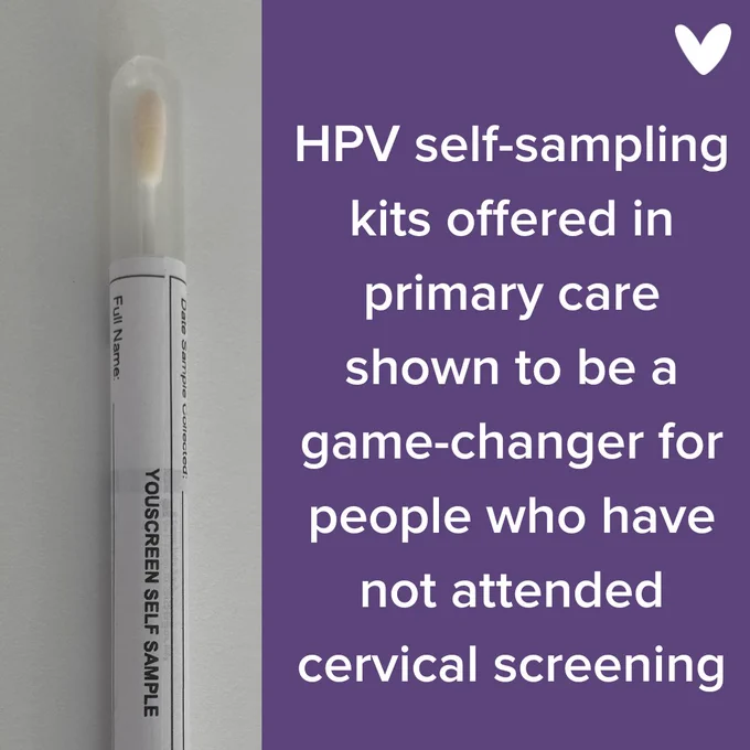Image of a swab test on the left hand side of the image and on the right hand side is white text against a purple background reading 'HPV self-sampling kits offered in primary care shown to be a game-changer for people who have not attended cervical screening'